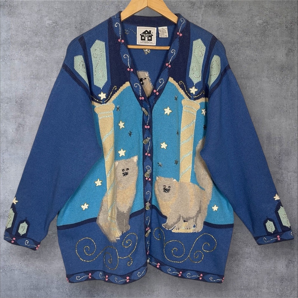 Storybook Knits Vintage Blue Embroidered Cat Cardigan Novelty Sweater Womens 2X